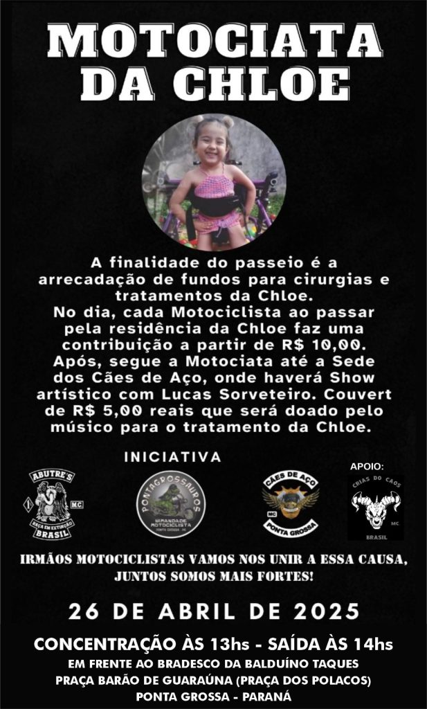 Motociclistas promovem motociata solidária para ajudar Chloe em Ponta Grossa